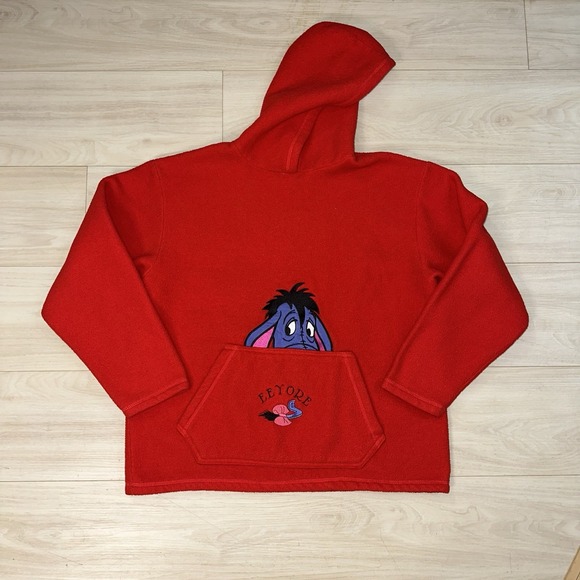 Disney Pooh Pullover Womens Medium Fleece Hoodie Red Eeyore Vintage 90s Retro - Picture 1 of 8